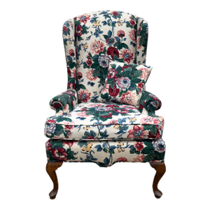 Vintage Bright Floral Queen Anne Wingback Arm Chair