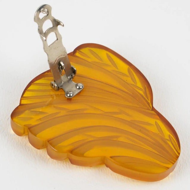 Plastic Apple-Juice Bakelite Brooch or DressClip with Floral Carving For Sale - Image 7 of 8