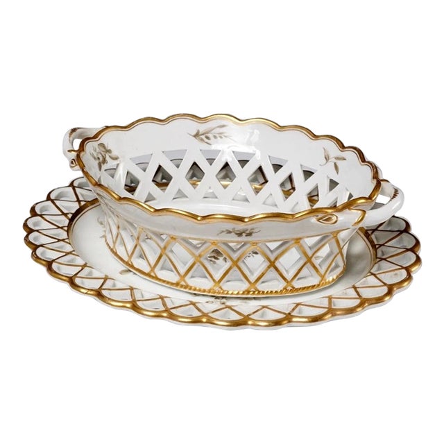 Antique French Reticulated Porcelain Chestnut Basket With Stand For Sale