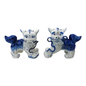 1950s Japanese Ceramic Foo Dog Temple Lion Figurines Hand-Painted - Set of 2