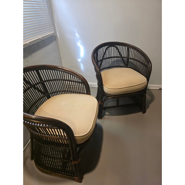 Pair of Rattan and Bamboo Barrel Back Armchairs With Cream Cushions For Sale In Chicago - Image 6 of 11