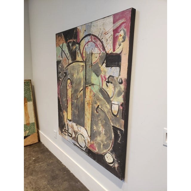 Multi-media abstract painting by artist Jacques Lamy (1946-2016). Titled "Machine Learning". Painted Circa 2010. Fabric,...