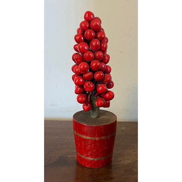 Victorian Antique Early 20th Century German Christmas Ornaments Paint Decorated and Carved Wood Red Berry Topiary Trees in Pots - a Pair For Sale - Image 3 of 8