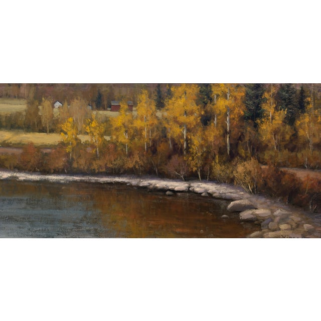 "Along the Back Roads" is an oil on panel landscape painting by Seth Winegar, completed in 2026. Autumn aspens line the...
