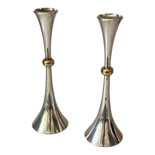 Vintage Dansk Danish Modern Silver and Gold Tall Candlestick Holders - Pair For Sale