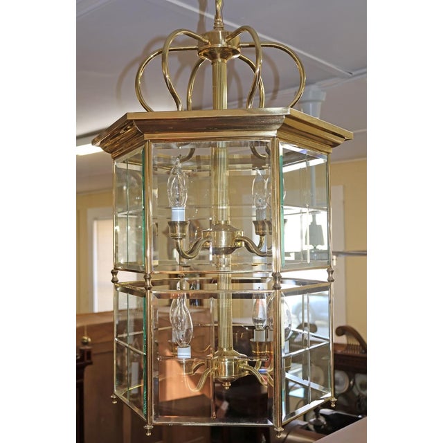 Vintage 8 Light Brass Etched Regency Style Chandelier Lantern For Sale - Image 4 of 9