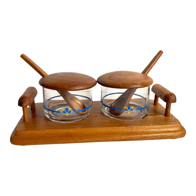 Mid Century Danish Modern 1969s Teak Condiment Set With Tray & Spoons Mustard Relish For Sale