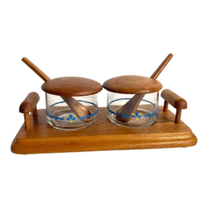 Mid Century Danish Modern 1969s Teak Condiment Set With Tray & Spoons Mustard Relish