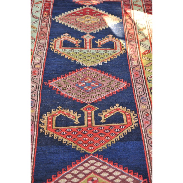 1940s 1940s Tribal Indigo, Teal, Plum & Pistachio Green Geometric Design Rug, 3.9 x 14.2 For Sale - Image 5 of 11