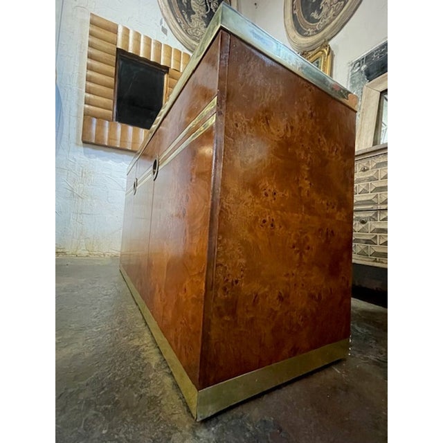 Mid-Century Modern Italian Burl Walnut and Brass Credenza After Pierre Cardin For Sale - Image 3 of 8