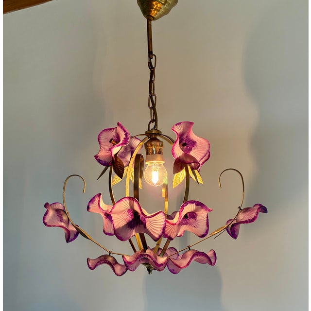 Glass Vintage Hand-Painted Pink Glass Flower Chandelier – One of a Kind Floral Ceiling Light For Sale - Image 7 of 14
