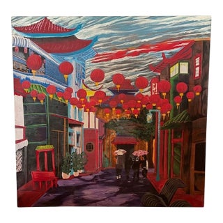 Late 20th Century Lantern-Lit Los Angeles Chinatown Street Scene, Original Acrylic on Canvas For Sale