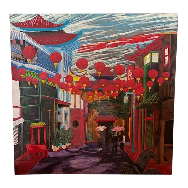 Late 20th Century Lantern-Lit Los Angeles Chinatown Street Scene, Original Acrylic on Canvas For Sale