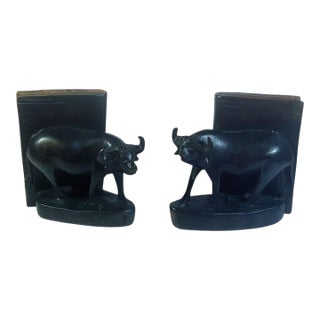 Exceptional Antique Carved Polychrome Water Buffalo Bookends, Pair.. For Sale