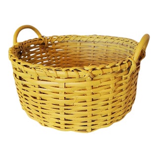 1980s Vintage Yellow Wicker Rattan Basket For Sale