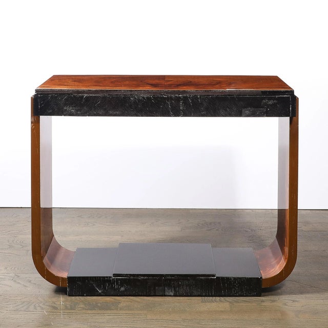 Art Deco Machine Age Book-Matched Walnut W/ Black Lacquer Accents Console Table For Sale - Image 16 of 16