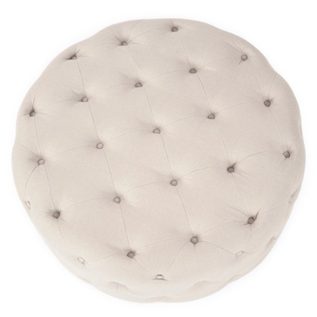 French Country Round Tufted Ottoman - Natural Linen For Sale - Image 3 of 4