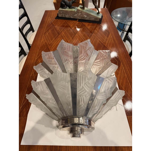 Silver Grand Pair of French Art Deco Geometric Wall Sconces by Degue For Sale - Image 8 of 11