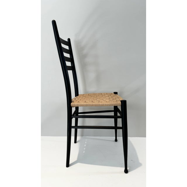 Wood Set of Six Italian Gio Ponti Style Black Wood Ladder Back Dining Chairs With Danish Cord Woven Seats For Sale - Image 7 of 9