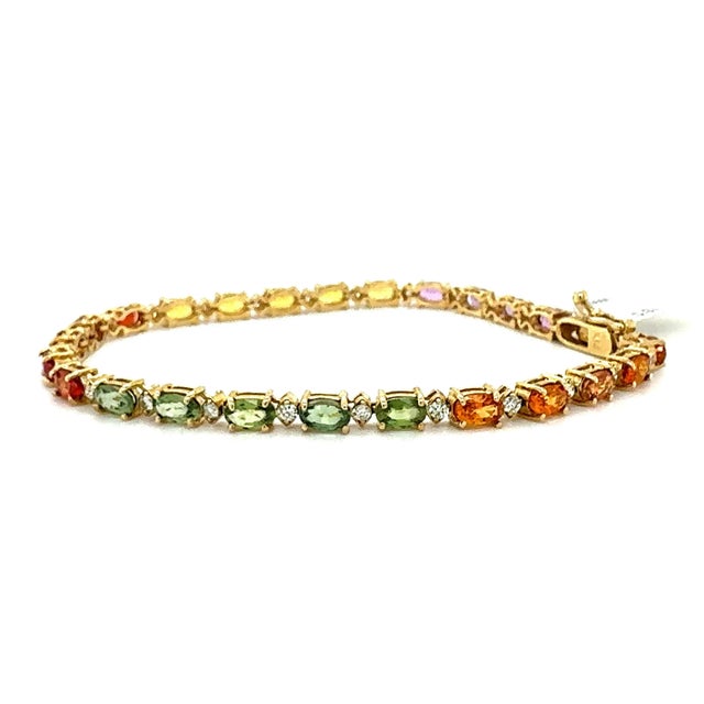 Contemporary 8.83 Carat Multi-Color Sapphire Diamond Yellow Gold Tennis Bracelet For Sale - Image 3 of 8