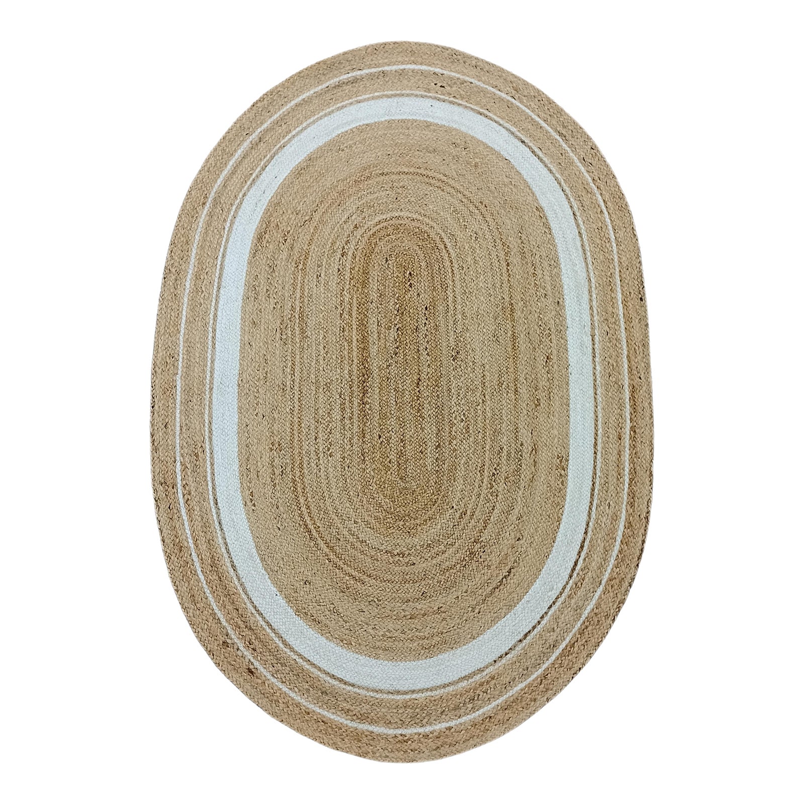 Handwoven Natural Jute Oval Bath Rug With Ivory Border | Chairish