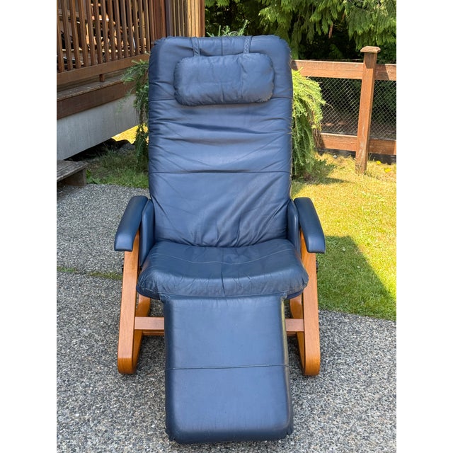 Blue Vintage Nepsco Backsaver Bentwood Frame Reclining Chair With Blue Leather Upholstery Relax the Back For Sale - Image 8 of 11