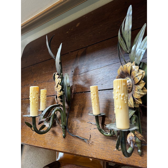 Mid 20th Century Vintage Tole Sunflower Sconces - a Pair For Sale - Image 5 of 10