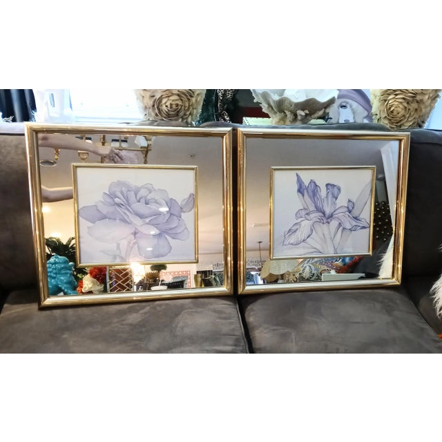 Vintage Mirrored Framed Floral Hollywood Regency Watercolor Prints Art Work- a Pair For Sale - Image 9 of 12