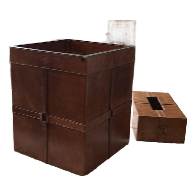 Vintage Stetson Leather Waste Basket and Tissue Box Cover Set For Sale