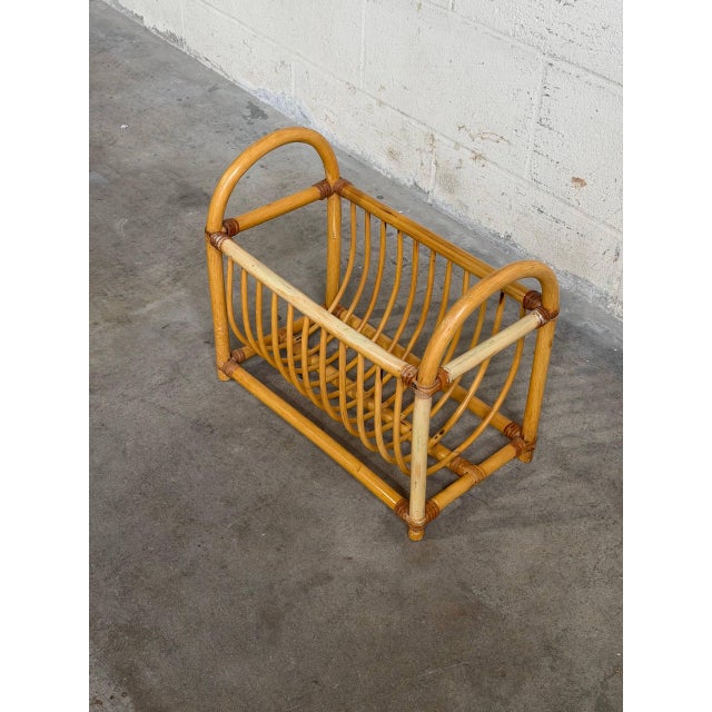 Brown Vintage Rattan Magazine Rack Newspaper Holder Boho Wicker Mid Century Stand For Sale - Image 8 of 10