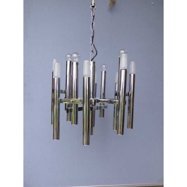 Silver Mid-Century Chrome Tubes Chandelier Ceiling Lamp by Gaetano Sciolari For Sale - Image 8 of 12