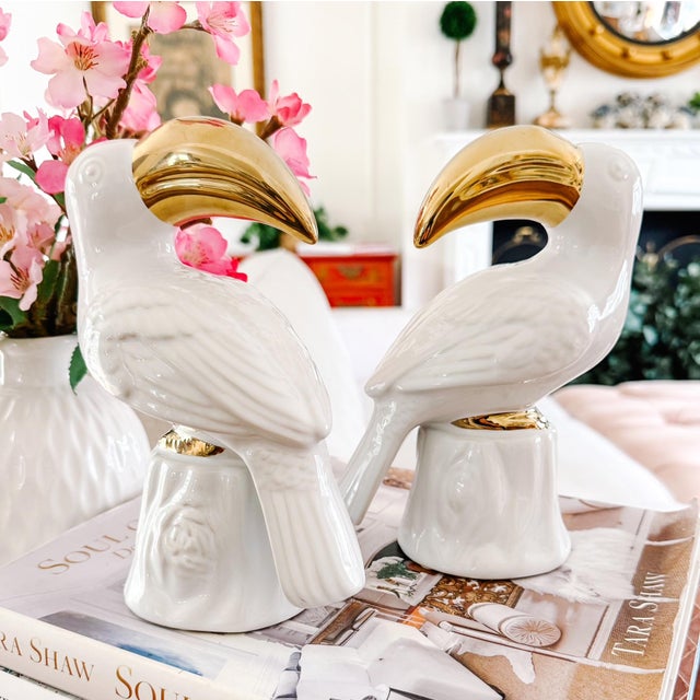 White Vintage Hollywood Regency White Porcelain & Gold Gilt Toucan Bookends - A Pair For Sale - Image 8 of 9
