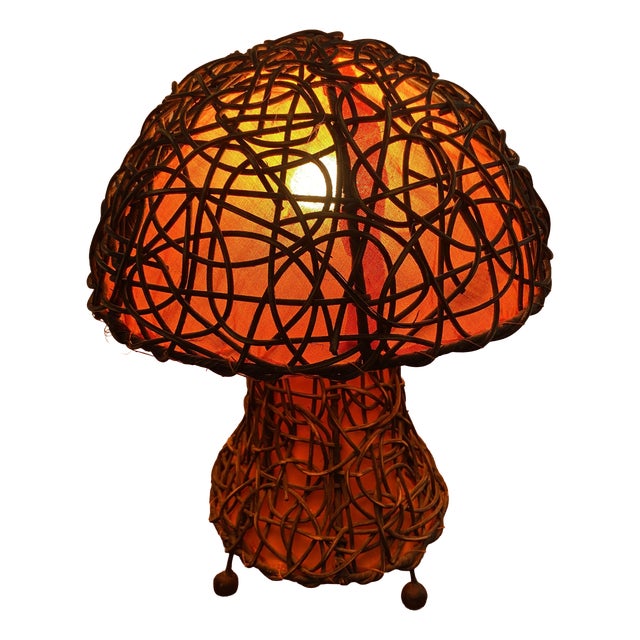 Large Mushroom Lamp in Woven Rattan, 1970 For Sale
