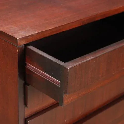 Sideboard, also usable from the centre, with hinged opening and visible drawers, in exotic wood veneer. This piece is...