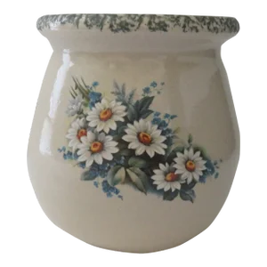 Mid 20th Century Marshall Pottery Crock Pot Daisy Flowers Blue Sponge Design Rim