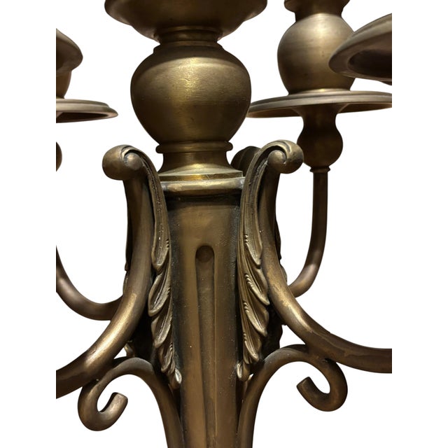 Metal Late 20th Century Maitland-Smith Four Light Bouillotte Chandelier, Large Hand Made Silk Shade, Unique Architectural Design, Burnished Bronze Finish For Sale - Image 7 of 14