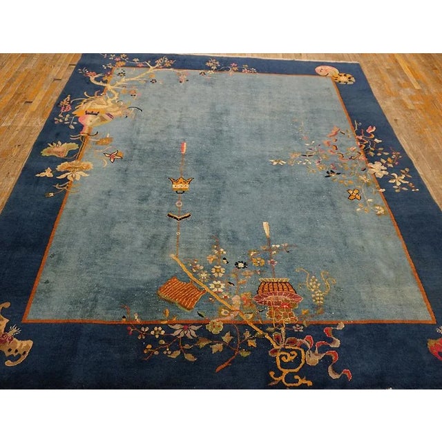 1920s Cornflowers Blue Minimalist Floral Antique Chinese Art Deco Carpet 8' X 9'9" Knotted Wool Rug For Sale - Image 15 of 15