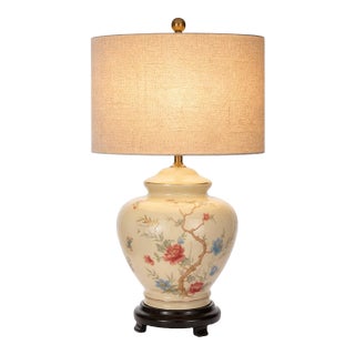 Late 20th Century Hand-Painted Floral Porcelain Table Lamp With Linen Drum Shade — 28” For Sale