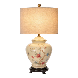 Late 20th Century Hand-Painted Floral Porcelain Table Lamp With Linen Drum Shade — 28”