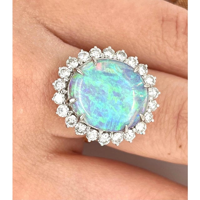 2010s GIA Certified 4.09-carat White Opal and Diamond Halo in Platinum and Gold Ring, Size 6.25 For Sale - Image 5 of 7