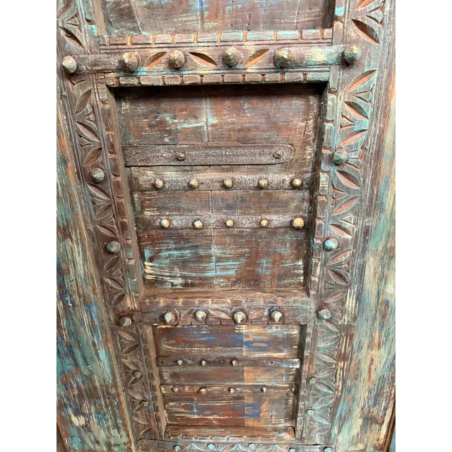 1920s Antique Distressed Blue Haveli Door – Rustic Hand-Carved Farmhouse Barn Door For Sale - Image 5 of 7