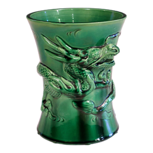 Antique Awaji Pottery Dragon Vase Brush Pot Green Japanese