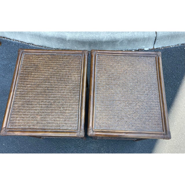 Vintage Coastal Rattan & Carved Wood Nightstands With Glass Tops – Pair For Sale - Image 11 of 11