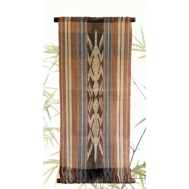 Brown Rare Hand Woven Ikat Indonesian Black, Brown & Blue Fibre Textile Wall Art Panel / Hanging For Sale - Image 8 of 10