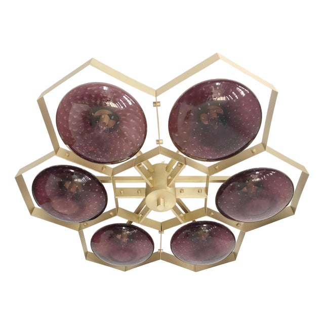 21st Century Hive Satin Brass Amethyst Bubbles Murano Flush Mount by Fabio LTD For Sale