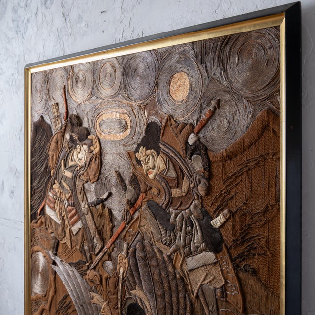 Japanese Samurai Battling Tengu Embroidered Tapestry, 19th Century For Sale - Image 9 of 11