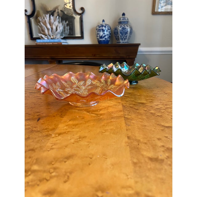 Art Nouveau Antique Millersburg Trout & Fly Carnival Glass 3n1 Bowl, in Marigold For Sale - Image 3 of 6