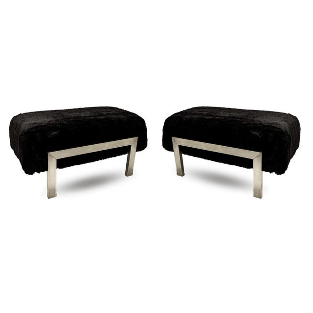1970s 1970s Italian Vintage Black Faux Fur Steel Bed Stool Bench For Sale - Image 5 of 12