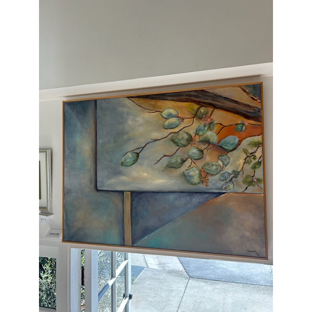 Original abstract acrylic on canvas featuring layered geometric planes and organic branch-like forms. The composition...