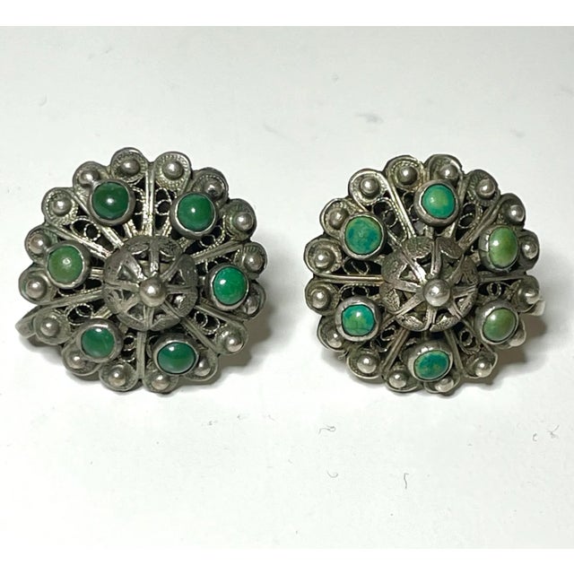 1920s 1920s Turquoise and Silver Filigree Screwback Earrings - 2 Pieces For Sale - Image 5 of 5